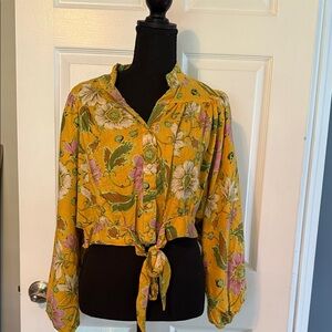 Rachel Zoe Mustard Floral Tie-Front Blouse